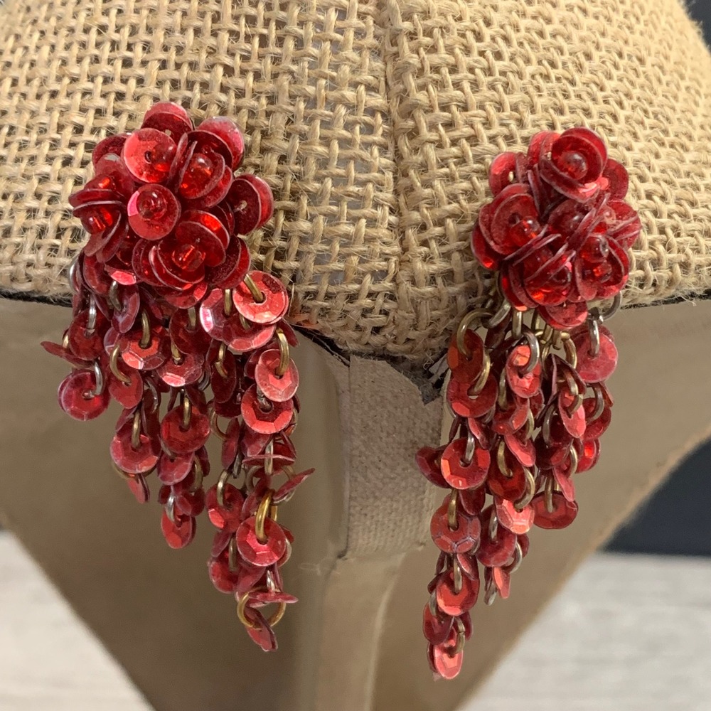 Vintage Red Sequin Dangle Earrings Floral Cluster Cascading Fringe Statement
